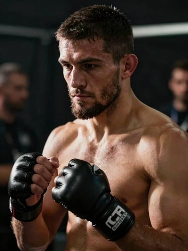 Cinematic side-lit portrait of an elite MMA fighter in deep focus backstage, hands wrapped, dark atmospheric background, high contrast chiaroscuro.
