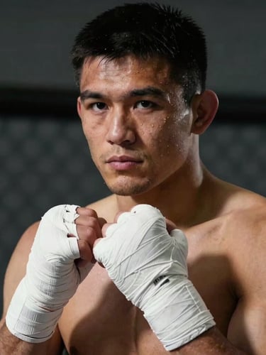 Cinematic side-lit portrait of an MMA fighter in deep focus, hands wrapped in white tape, dark atmospheric background, high-contrast shadows.