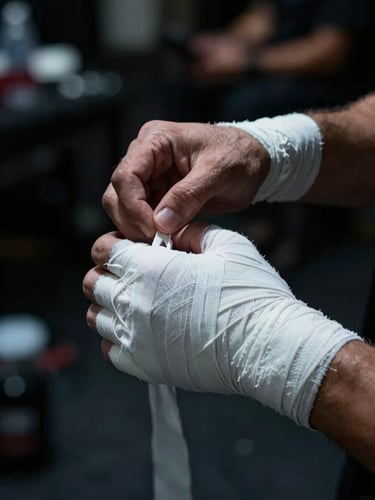 Close-up of a fighter's hands being tightly wrapped in white cotton tape backstage, dramatic low-key chiaroscuro lighting, cold side-light, dark atmospheric background.