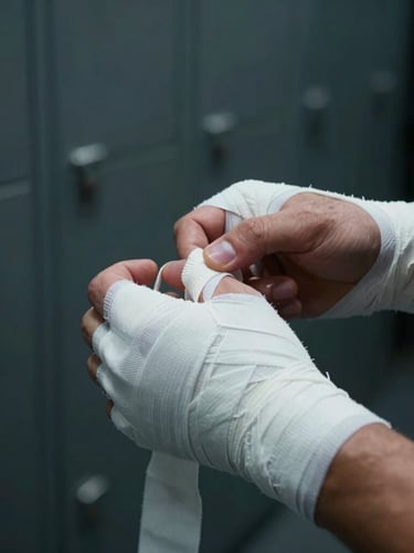 Extreme close-up of a fighter's hands being wrapped with white tape in a dimly lit locker room, cold side-lighting, focus on the texture of the fabric and skin, cinematic chiaroscuro.