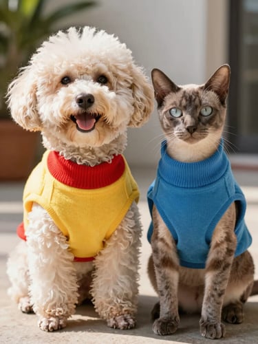 A happy fluffy dog and a sleek cat sitting side by side wearing bright, colorful custom-tailored sweaters, natural daylight, warm tones.