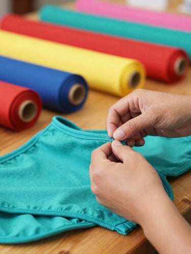 Close-up of artisan hands carefully stitching a vibrant teal pet garment on a wooden workshop table in Celaya, colorful fabric rolls in the background.