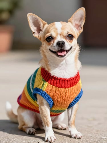 A happy small chihuahua wearing a colorful custom-fit knitted sweater, sitting calmly, bright natural daylight, eye-level shot