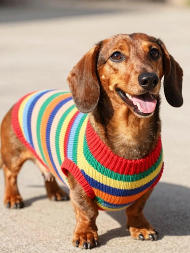 A happy long-bodied dachshund wearing a custom-fit colorful striped knitted sweater, eye-level shot, warm natural daylight, bright cheerful tones