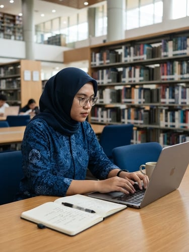 Bright modern Indonesian university library, a researcher focused on a laptop with book stacks in the soft-focus background, natural morning daylight, professional atmosphere, 35mm lens.