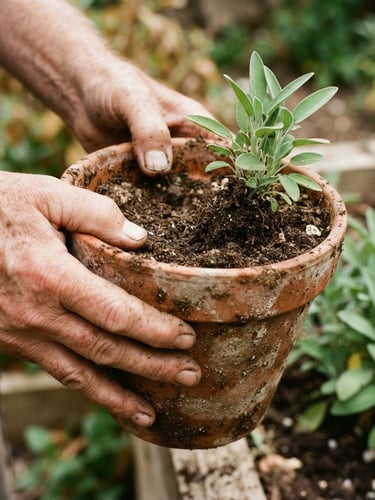 Close-up of weathered hands holding a soil-dusted terracotta pot, soft natural daylight, warm earthy tones, 35mm