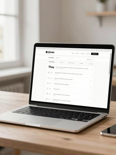 A clean professional workspace with a laptop showing a minimalist website wireframe on screen, soft natural daylight, warm neutral tones.