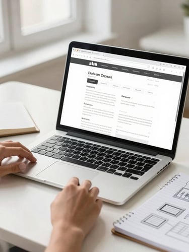 Clean editorial photo of a bright workspace, soft natural daylight, a laptop showing a clean website wireframe, hands sketching layout ideas on a notepad, 35mm