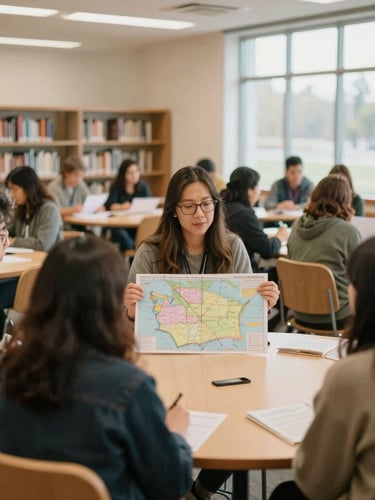 Candid environmental shot of a community wellness workshop in a brightly lit local library, diverse participants talking over a map of Washington state, soft diffused daylight.