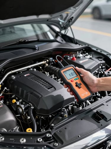 A clean, modern automotive engine bay under bright LED work lights, a professional hand holding a high-end digital battery tester with a clear readout.