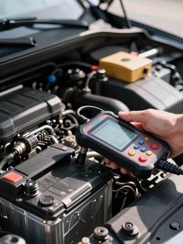 Close-up of a clean engine bay under bright daylight, a professional technician's hand connecting a modern digital diagnostic tester to a heavy-duty car battery.