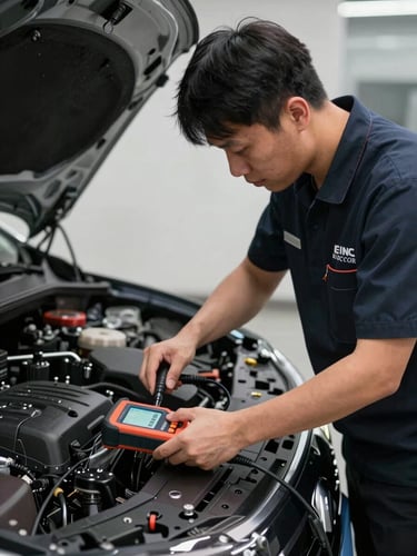 A professional technician in a clean branded uniform using a high-end digital battery tester on a car engine under focused LED light