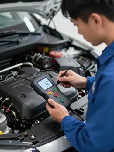 Close-up of a professional technician in a clean branded uniform, using a digital battery tester with a clear glowing readout inside a modern car engine bay.
