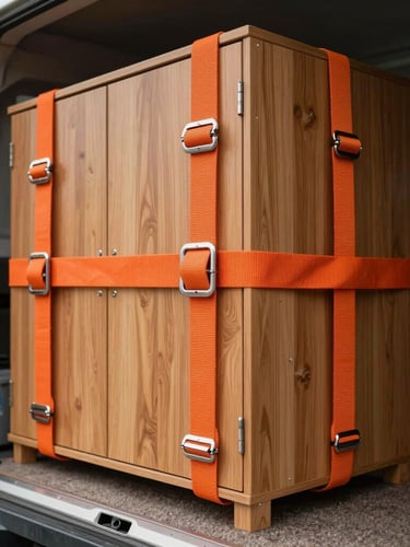 Close-up of heavy-duty orange tension straps securing a wooden wardrobe inside a carpeted truck, soft overcast light reflecting off metal buckles.
