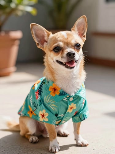 Vibrant pet photography, warm natural daylight, a happy chihuahua wearing a colorful miniature teal Hawaiian shirt sitting on a sunny patio, 35mm lens, shallow depth of field