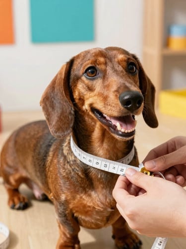 Close-up of hands measuring a happy dachshund with a soft tape measure, warm natural light, craft workshop background, vibrant tones, 35mm lens