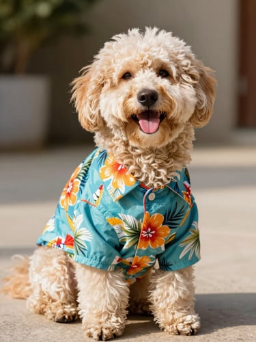 A happy fluffy dog wearing a colorful custom-tailored Hawaiian shirt sitting comfortably, bright warm natural daylight, shallow depth of field
