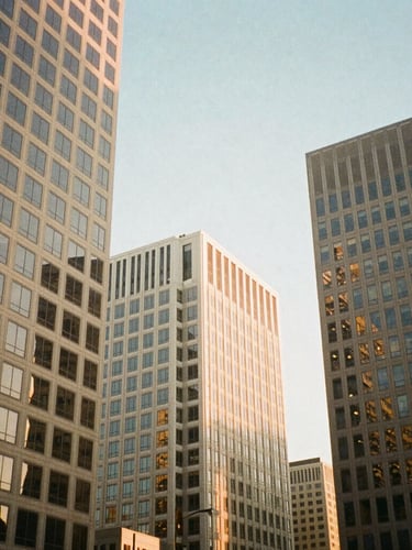 Low angle architectural shot of downtown Houston office towers against a clear sky, warm natural window light reflecting off clean glass grid facades, 35mm photography