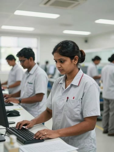 Dignified Indian facility maintenance staff in clean branded uniforms working inside a bright, modern manufacturing facility in West Bengal. Natural light, environmental wide shot.
