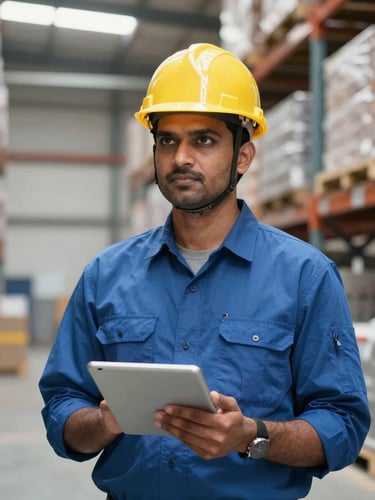 A professional Indian operations manager in a hard hat and clean uniform holding a tablet, standing in a brightly lit modern warehouse in Kolkata.