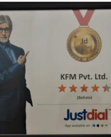 Framed Justdial JD Certified certificate for KFM Pvt Ltd featuring Amitabh Bachchan and a five star rating.