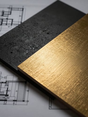 Close-up of architectural blueprints overlapping with a matte black and brushed gold material sample board, dramatic low-key lighting, sharp focus.