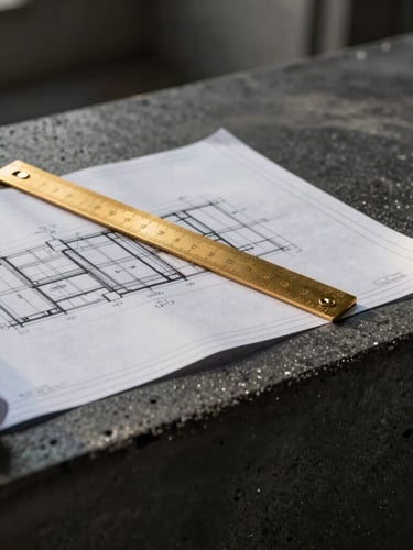 Close-up of a construction blueprint laying on a dark concrete counter, a golden architectural scale ruler resting on top, soft side lighting, 35mm