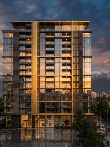 Wide-angle architectural photography of a modern luxury concrete and glass facade in Santiago, dramatic golden hour lighting, sharp focus, 35mm