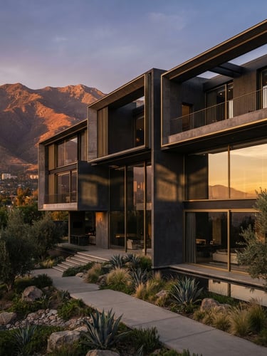Wide-angle architectural photography of a modern concrete and glass residence facade in Santiago at golden hour, dramatic low-key lighting casting sharp geometric shadows, high-end design, 35mm
