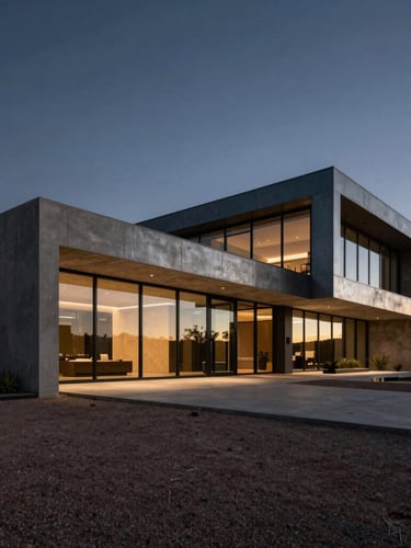 Low-key twilight architectural photograph of a modern desert estate in Mesa, dramatic concrete and glass cantilever structures casting metallic reflections, wide framing