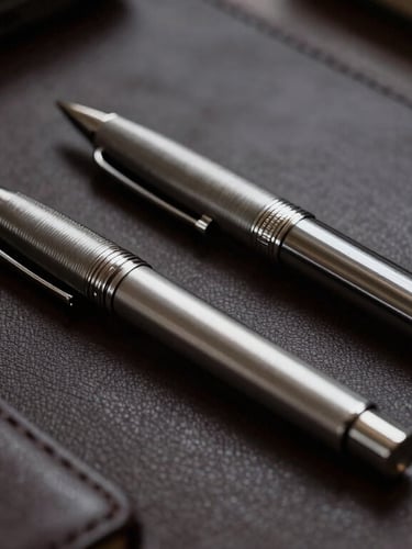 Tight macro shot of a luxury executive desk, brushed steel writing instruments, textured dark leather, subtle silver reflections, low-key dramatic lighting.