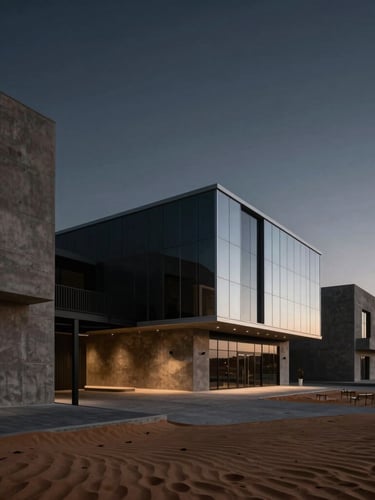 Wide environmental shot of modern desert commercial architecture with concrete and steel elements, dramatic low-key twilight lighting, deep charcoal tones