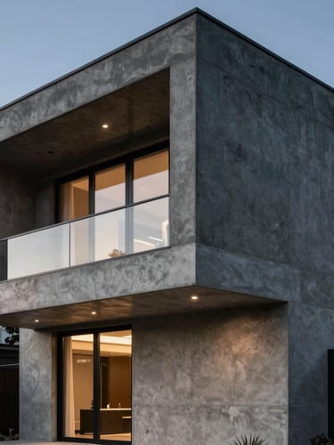 A close-up of a modern luxury concrete and steel home facade at dusk, reflecting warm architectural uplighting, deep charcoal and silver tones