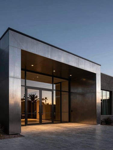 Dramatic low-key architectural photograph of a modern desert estate entrance in Mesa at twilight, brushed metal and glass facade reflecting soft ambient light, deep charcoal tones, premium editorial style.