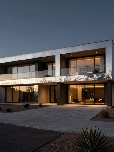 Dramatic low-key architectural photography of a modern luxury desert estate in Mesa, Arizona, twilight lighting, metallic reflections, wide crop
