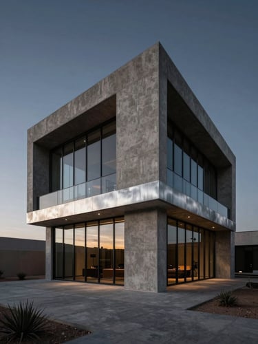 Dramatic low-key twilight shot of modern desert architecture in Mesa, sharp concrete angles, glass reflections, brushed steel accents, luxury feel.