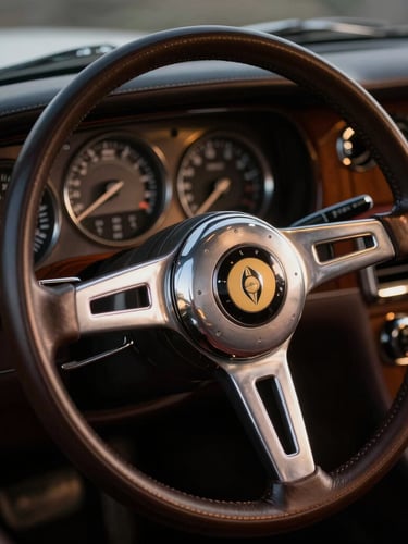 Macro detail of a vintage luxury car's leather steering wheel and polished silver dashboard instruments, warm low-key lighting, premium editorial style