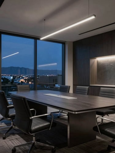 Low-key architectural photograph of a sophisticated corporate boardroom interior in Mesa, twilight lighting through glass windows, dark charcoal executive table, silver accents