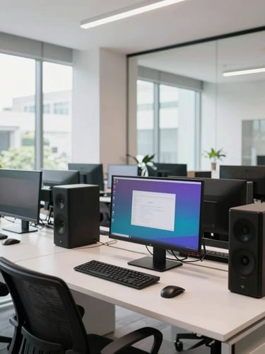 Professional editorial photography of a modern, highly organized creative studio space in Jakarta, bright natural daylight, high-spec workstations with color-accurate monitors, clean architectural lines.