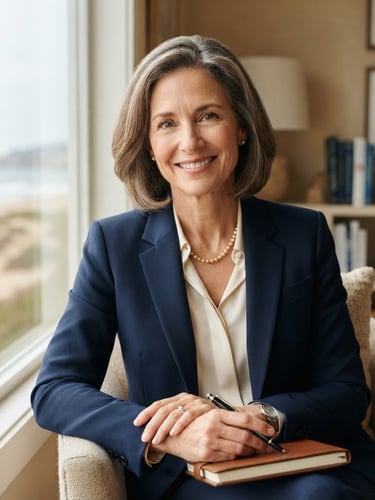 Serene professional portrait of a female neuropsychologist in warm diffused coastal daylight, soft sandy background, elegant and empathetic expression, shallow depth of field
