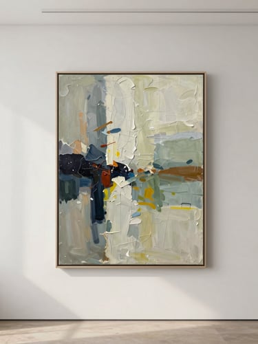 Straight-on editorial gallery photography of an abstract oil painting with thick impasto texture, framed in a modern minimalist room, soft natural daylight