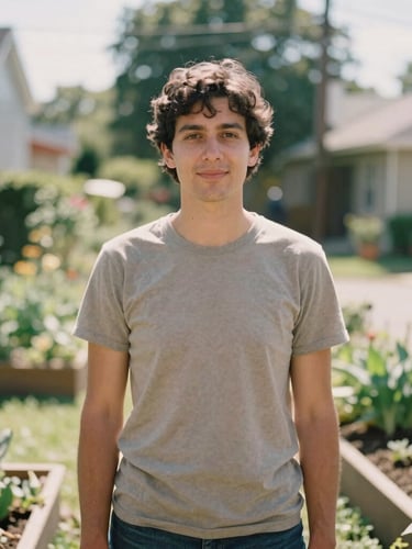 A warm editorial portrait of a local community organizer standing in a sunlit neighborhood garden, natural daylight, 35mm film look, shallow depth of field.
