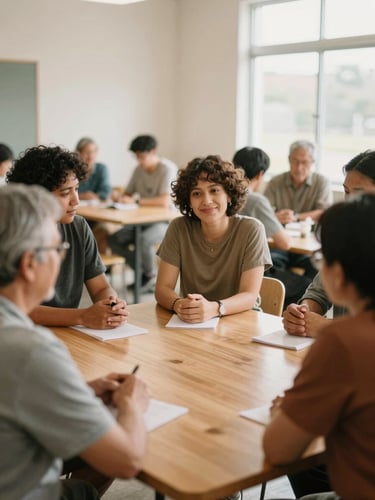 A warm editorial photograph of diverse local leaders collaborating around a wooden table in a sunlit community center, natural daylight, soft earth tones, 35mm film look