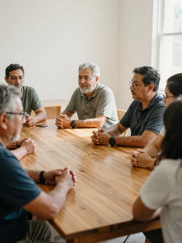 Warm editorial photograph of local community leaders collaborating around a wooden table in a sunlit room, natural daylight, soft earth tones, authentic setting, 35mm film look