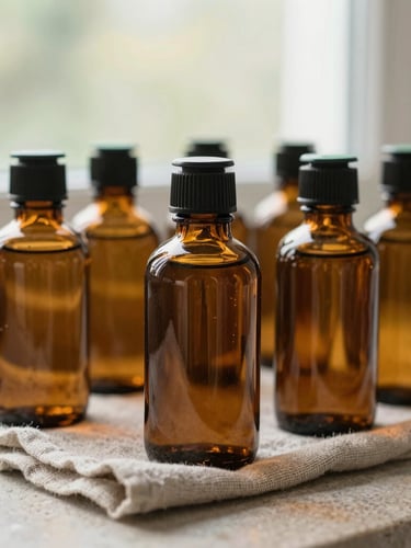 Close-up of amber glass bottles and a linen cloth on a stone countertop, soft natural window light, warm oak and sage green accents, editorial photography, 35mm.