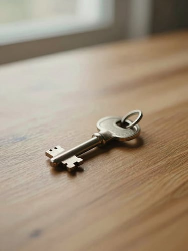 Close-up of a key resting on a solid oak table, soft morning light, shallow depth of field, warm editorial photography, muted tones, 35mm.