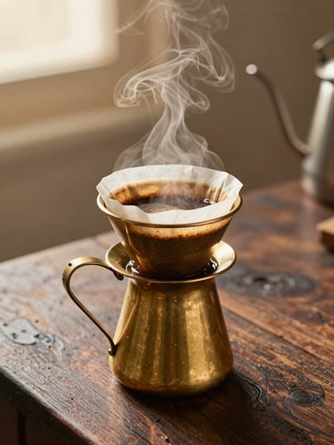 Steam rising from a traditional brass tumbler of fresh filter coffee on a dark rustic wooden table, soft golden hour light, warm atmospheric close-up shot.
