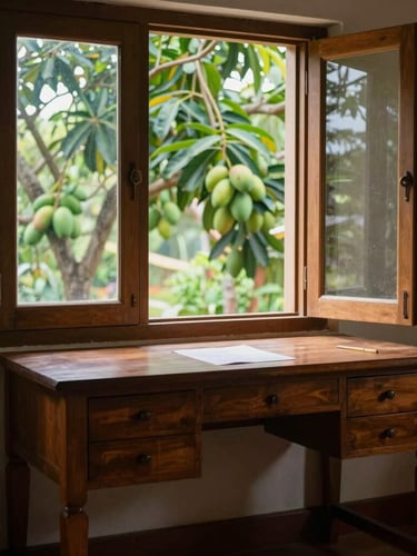A quiet corner inside a Southern Indian homestay featuring a solid wood writing desk facing a large window with views of lush mango trees, soft indirect daylight.