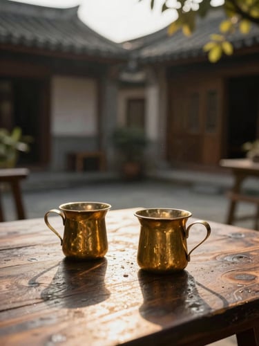 Sun-dappled traditional courtyard with brass filter coffee tumblers resting on a dark wooden table, warm golden hour light casting soft shadows.