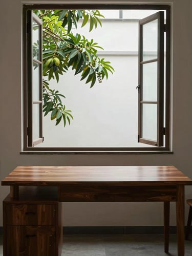 A quiet workspace with a solid teak desk facing a large open window, green mango tree branches visible outside, soft indirect daylight.